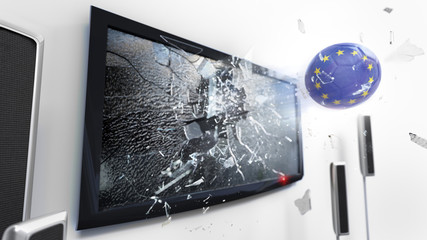 Soccer ball with the flag of Europe kicked through a shattering tv screen.(3D rendering series)