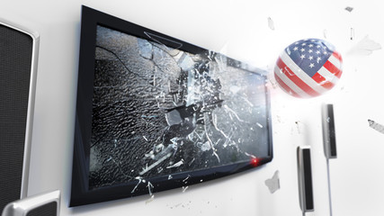 Soccer ball with the flag of USA kicked through a shattering tv screen.(3D rendering series)