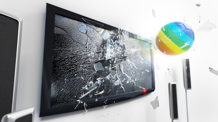 Soccer ball with the flag of Peace kicked through a shattering tv screen.(3D rendering series)
