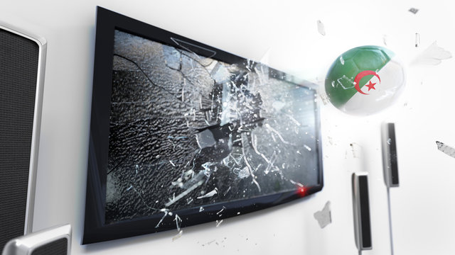 Soccer ball with the flag of Algeria kicked through a shattering tv screen.(3D rendering series)