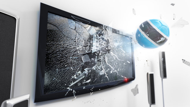 Soccer ball with the flag of Botswana kicked through a shattering tv screen.(3D rendering series)