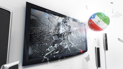 Soccer ball with the flag of Equatorial Guinea kicked through a shattering tv screen.(3D rendering series)