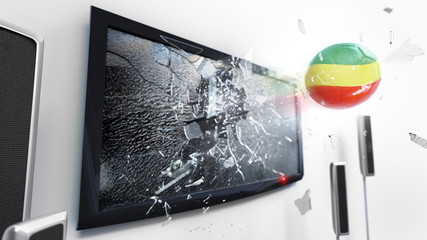 Soccer ball with the flag of Republic of the kicked through a shattering tv screen.(3D rendering series)