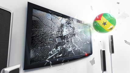 Soccer ball with the flag of Sao Tome and Principe kicked through a shattering tv screen.(3D rendering series)
