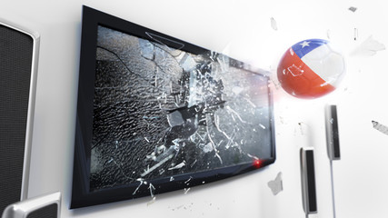 Soccer ball with the flag of Chile kicked through a shattering tv screen.(3D rendering series)