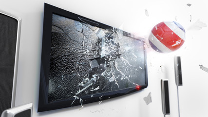 Soccer ball with the flag of Costa Rica kicked through a shattering tv screen.(3D rendering series)