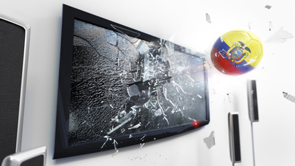 Soccer ball with the flag of Ecuador kicked through a shattering tv screen.(3D rendering series)