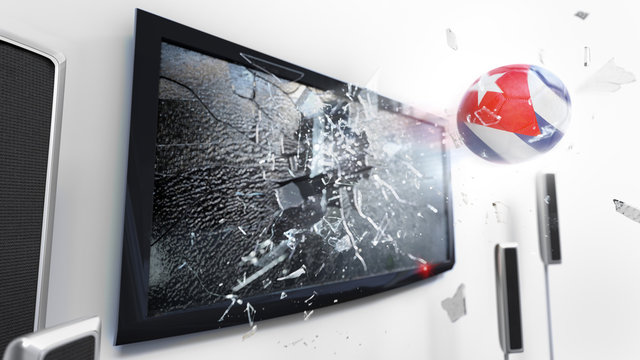 Soccer ball with the flag of Cuba kicked through a shattering tv screen.(3D rendering series)