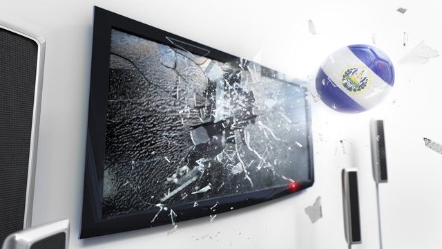 Soccer ball with the flag of El Salvador kicked through a shattering tv screen.(3D rendering series)
