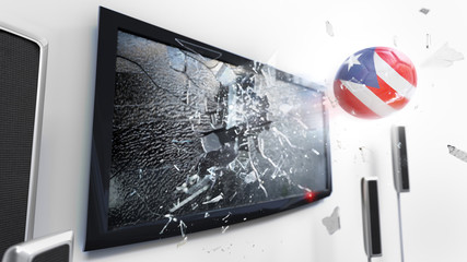 Soccer ball with the flag of Puerto Rico kicked through a shattering tv screen.(3D rendering series)