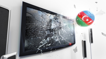Soccer ball with the flag of Azerbaijan kicked through a shattering tv screen.(3D rendering series)