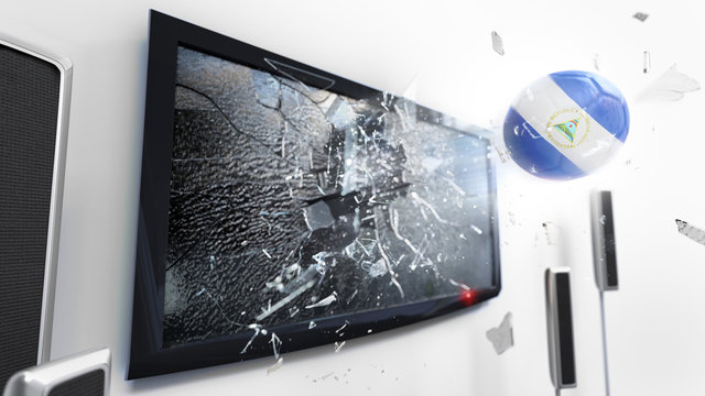 Soccer ball with the flag of Nicaragua kicked through a shattering tv screen.(3D rendering series)