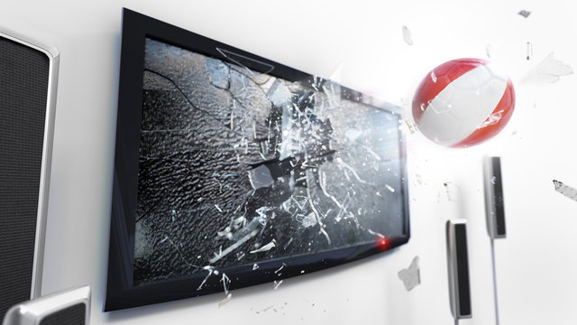 Soccer ball with the flag of Peru kicked through a shattering tv screen.(3D rendering series)