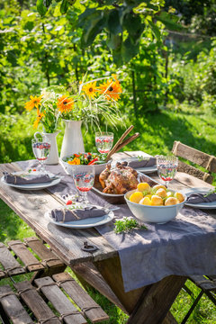 Dinner with chicken and vegetables in summer garden