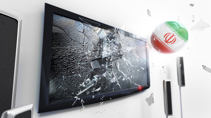 Soccer ball with the flag of Iran kicked through a shattering tv screen.(3D rendering series)