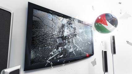 Soccer ball with the flag of Jordan kicked through a shattering tv screen.(3D rendering series)