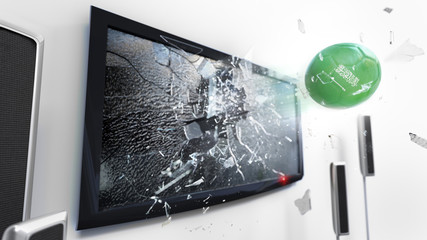 Soccer ball with the flag of Saudi Arabia kicked through a shattering tv screen.(3D rendering series)