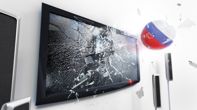 Soccer ball with the flag of Russia kicked through a shattering tv screen.(3D rendering series)