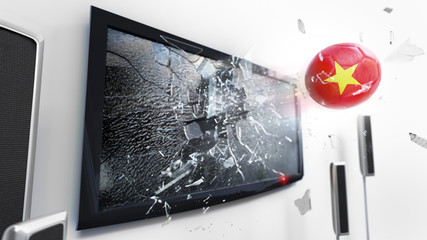 Soccer ball with the flag of Vietnam kicked through a shattering tv screen.(3D rendering series)