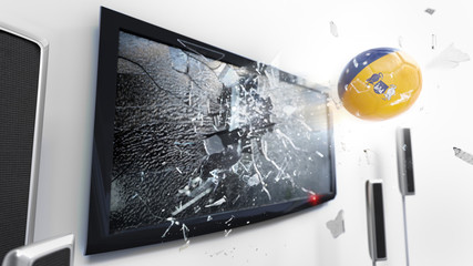 Soccer ball with the flag of Australian Capital Territory kicked through a shattering tv screen.(3D rendering series)