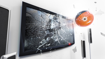 Soccer ball with the flag of Northern Territory kicked through a shattering tv screen.(3D rendering series)
