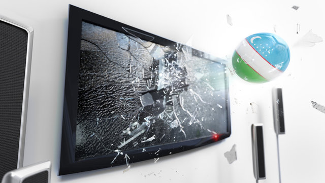 Soccer ball with the flag of Uzbekistan kicked through a shattering tv screen.(3D rendering series)