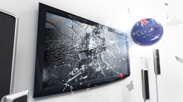 Soccer ball with the flag of Victoria kicked through a shattering tv screen.(3D rendering series)