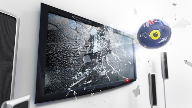 Soccer ball with the flag of Western Australia kicked through a shattering tv screen.(3D rendering series)