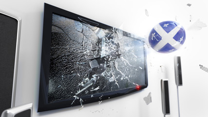 Soccer ball with the flag of Quebec kicked through a shattering tv screen.(3D rendering series)