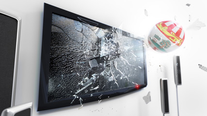 Soccer ball with the flag of Prince Edward Island kicked through a shattering tv screen.(3D rendering series)