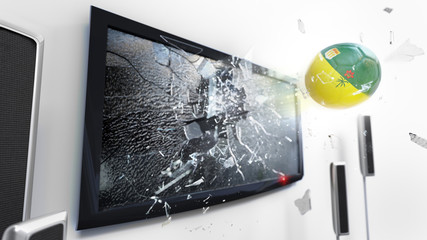 Soccer ball with the flag of Saskatchewan kicked through a shattering tv screen.(3D rendering series)