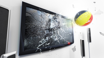 Soccer ball with the flag of Belgium kicked through a shattering tv screen.(3D rendering series)