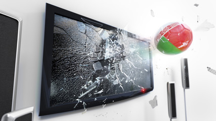 Soccer ball with the flag of Belarus kicked through a shattering tv screen.(3D rendering series)
