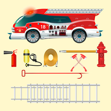Fire Truck. Creative view. Fire extinguisher, a balloon with air, a hose, a water tap, a hook, a ladder. Vector illustration