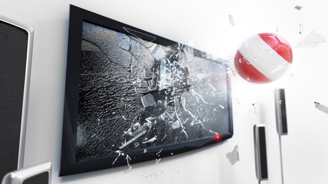Soccer ball with the flag of Austria kicked through a shattering tv screen.(3D rendering series)