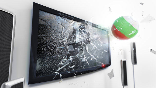 Soccer ball with the flag of Bulgaria kicked through a shattering tv screen.(3D rendering series)