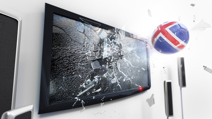 Soccer ball with the flag of Iceland kicked through a shattering tv screen.(3D rendering series)