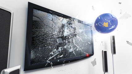 Soccer ball with the flag of Kosovo kicked through a shattering tv screen.(3D rendering series)