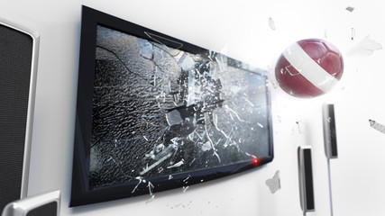 Soccer ball with the flag of Latvia kicked through a shattering tv screen.(3D rendering series)