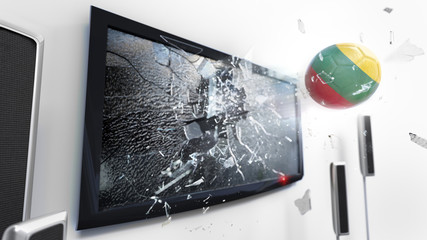 Soccer ball with the flag of Lithuania kicked through a shattering tv screen.(3D rendering series)