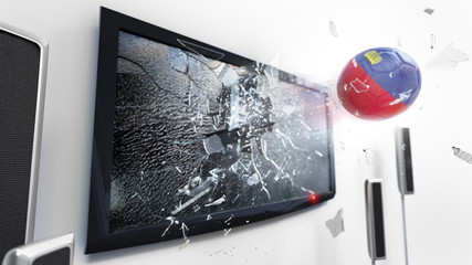 Soccer ball with the flag of Lichtenstein kicked through a shattering tv screen.(3D rendering series)