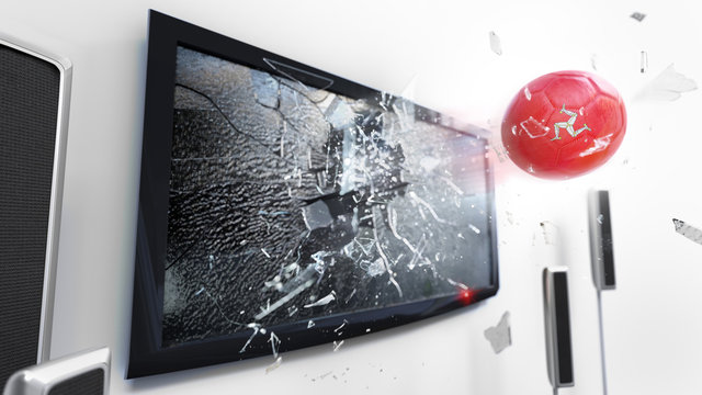 Soccer ball with the flag of Isle of Man kicked through a shattering tv screen.(3D rendering series)