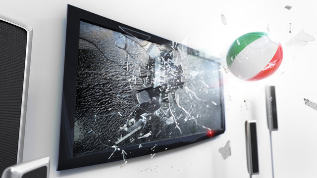 Soccer ball with the flag of Italy kicked through a shattering tv screen.(3D rendering series)