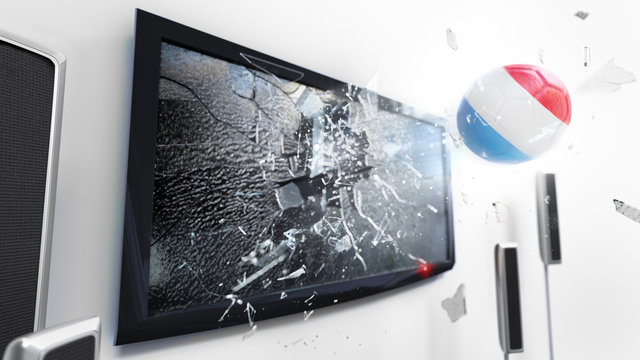 Soccer ball with the flag of Luxembourg kicked through a shattering tv screen.(3D rendering series)