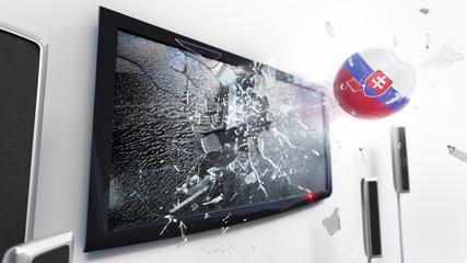 Soccer ball with the flag of Slovakia kicked through a shattering tv screen.(3D rendering series)