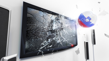 Soccer ball with the flag of Slovenia kicked through a shattering tv screen.(3D rendering series)