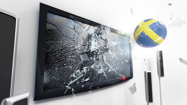 Soccer ball with the flag of Sweden kicked through a shattering tv screen.(3D rendering series)