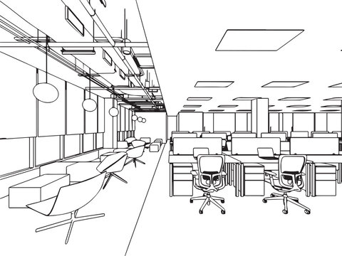 interior outline sketch drawing perspective office
