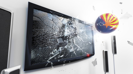 Soccer ball with the flag of Arizona kicked through a shattering tv screen.(3D rendering series)