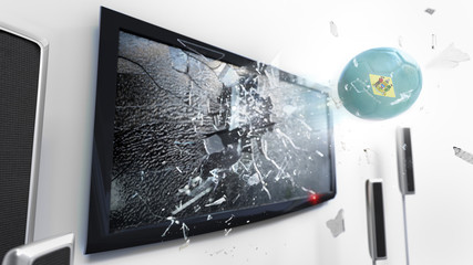 Soccer ball with the flag of Delaware kicked through a shattering tv screen.(3D rendering series)